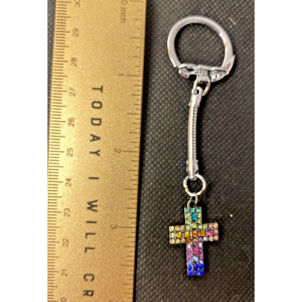 Handcrafted Multicolor Rhinestone Cross Chrome Steel Key Chain Charm Accessory - Picture 2 of 6